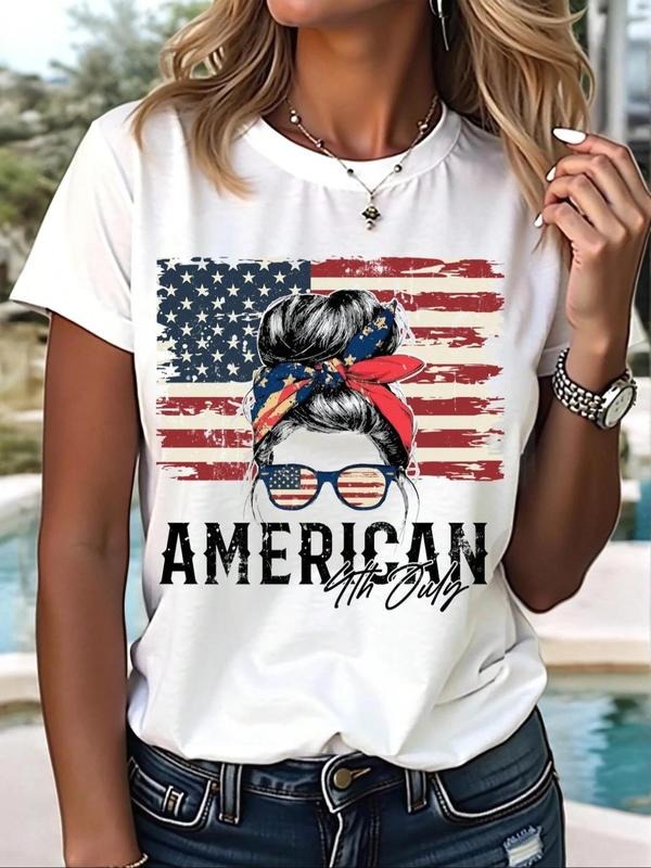 Women's American Flag & Letter Print Round Neck Tee, Trendy Casual Crew Neck T-shirt for Daily Wear, Ladies All Seasons,...