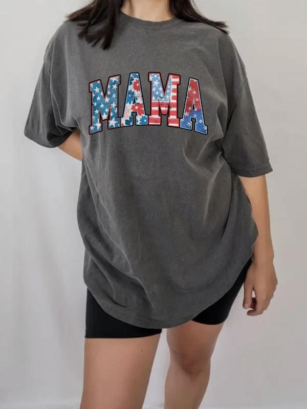 Women's American Flag & Mama Print Round Neck Tee, Casual Figure Graphic Short Sleeve T-shirt for Summer, Women's Top for...