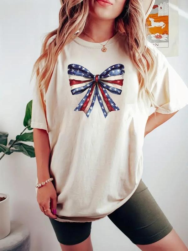 Women's American Flag Bow Print Round Neck Tee, Casual Letter Graphic Short Sleeve T-shirt for Daily Wear, Ladies Clothes...