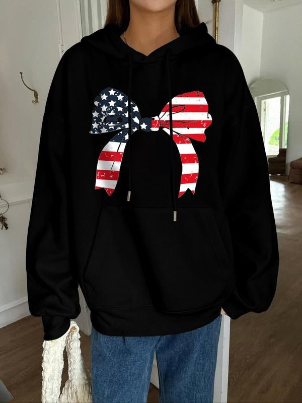 American Flag Bowknot Print Thermal Lined Casual Drawstring Pocket Hooded Daily Outdoor Fall & Winter T-Shirts, Hoodie, Sweatshirt