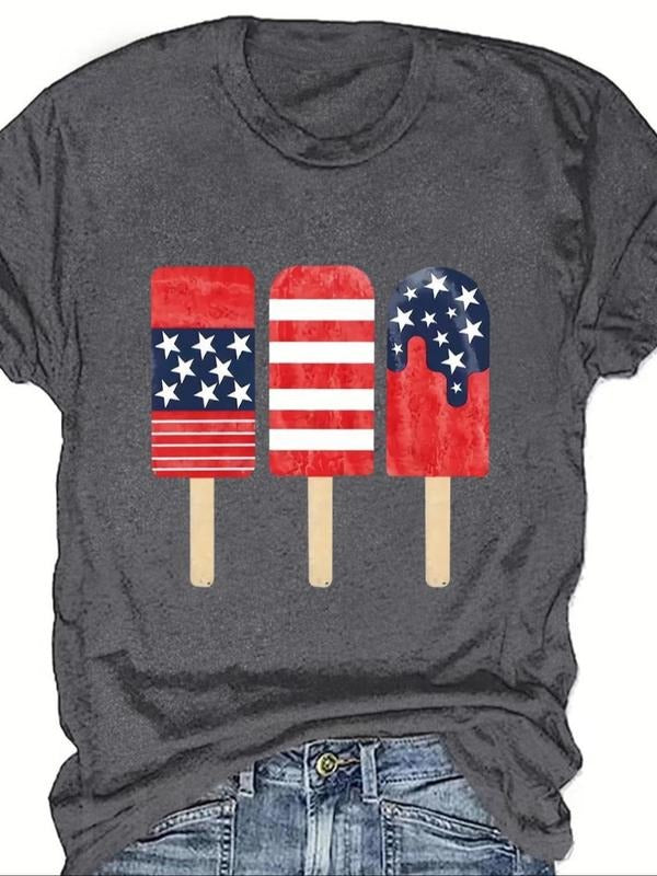 Women's American Flag Ice Pop Print Round Neck Graphic Tee, Casual Short Sleeve Crew Neck T-shirt for Summer, Women's Top...
