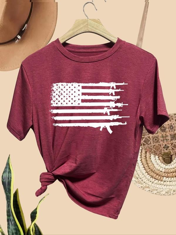Women's American Flag Print Round Neck Tee, Casual Short Sleeve Crew Neck T-shirt for Summer, Fashion Women's Top for...