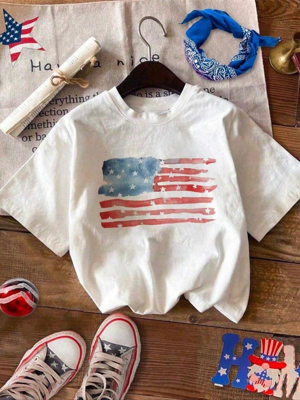 Women's American Flag Print Round Neck Tee, Casual Short Sleeve Crew Neck T-shirt for Summer, Fashion Women's Top for...