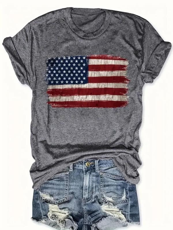 Women's American Flag Print Round Neck Tee, Fashion Casual Crew Neck T-Shirt for Daily Holiday Vacation Outdoor Wear,...