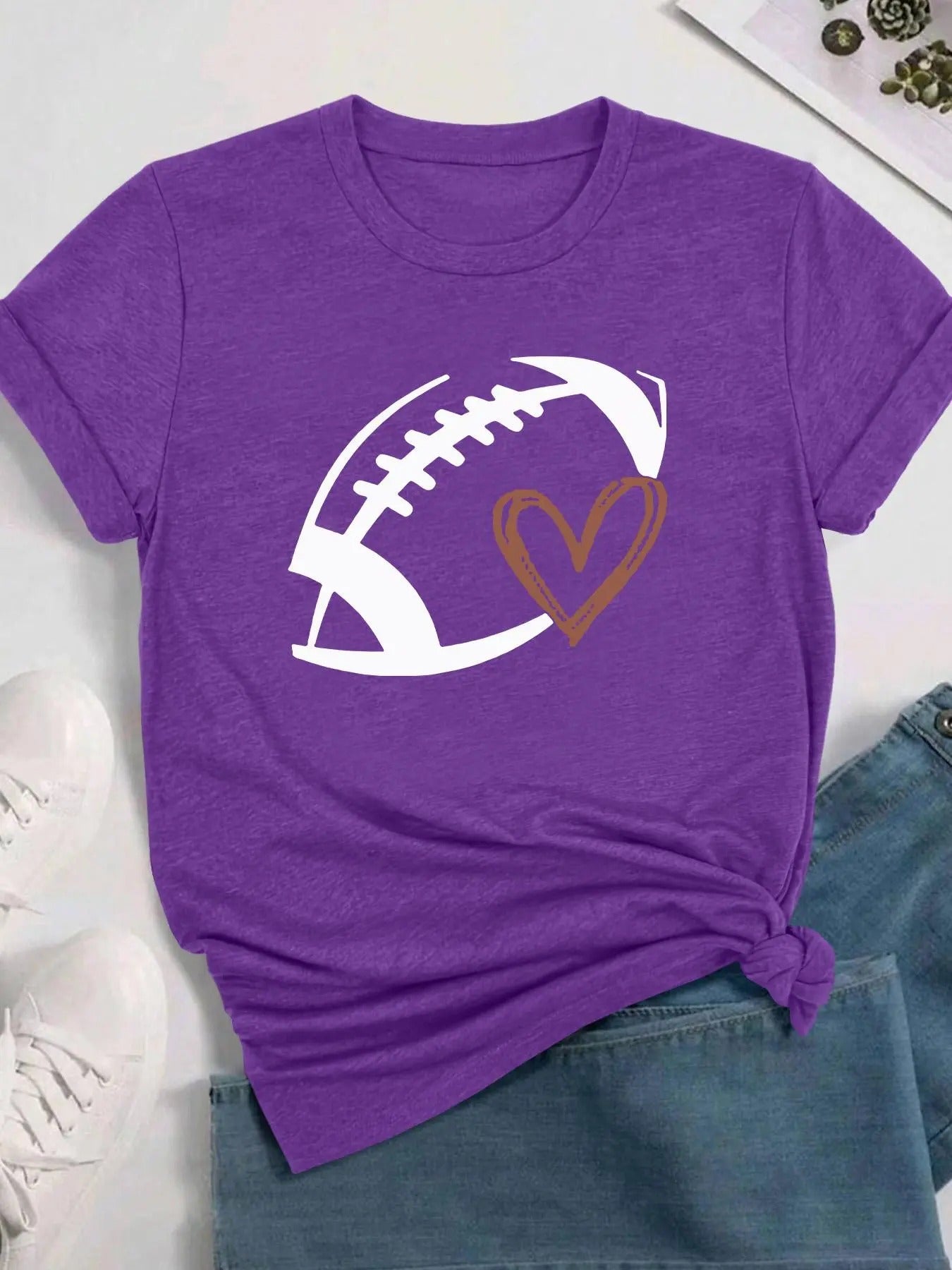 American Football & Heart Print Round Neck Casual Short Sleeve Crew Neck Daily Clothes All Seasons T-Shirts, Hoodie, Sweatshirt