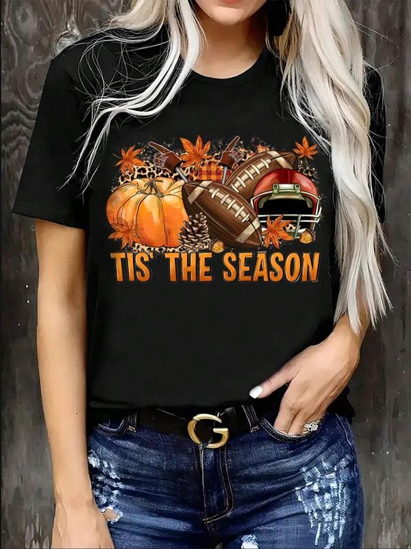 Women's American Football & Letter Print Round Neck Tee, Casual Halloween Short Sleeve Crew Neck T-shirt for All Seasons,...