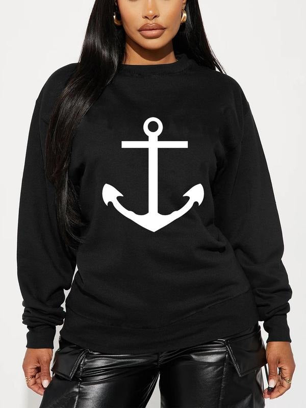 Women's Anchor Print Drop Shoulder Sweatshirt, Casual Long Sleeve Round Neck Pullover for Daily Wear, Ladies Clothes for...