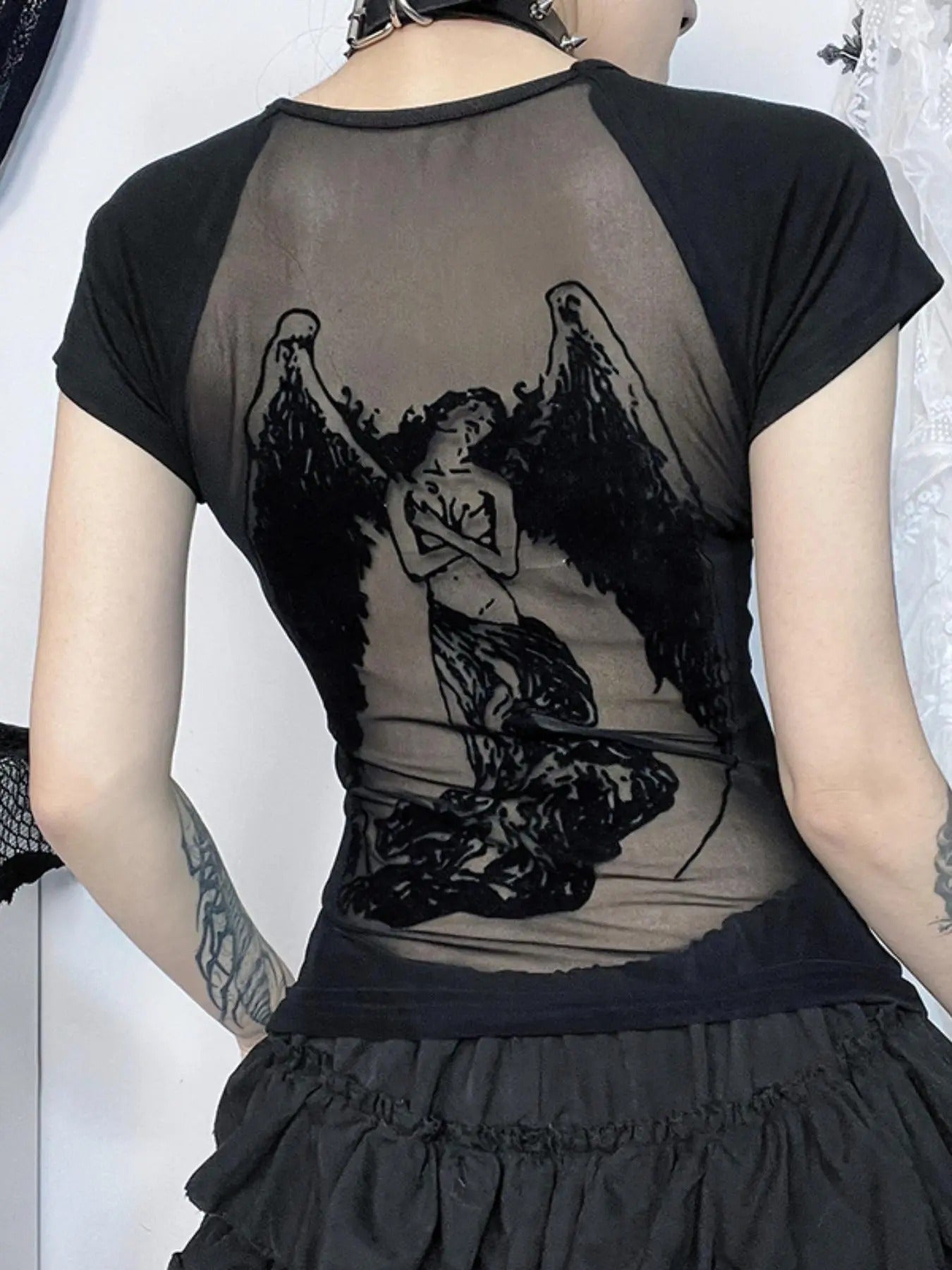 Women's Angel Print Contrast Mesh Sheer Round Neck Tee, Y2K Trendy Casual Raglan Sleeve T-shirt for Daily Wear, Ladies...