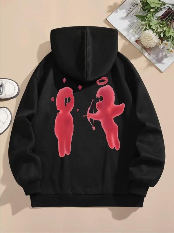 Women's Angel Print Drop Shoulder Drawstring Hoodie, Fashion Casual Pocket Hooded Sweatshirt for Daily Holiday Outdoor...