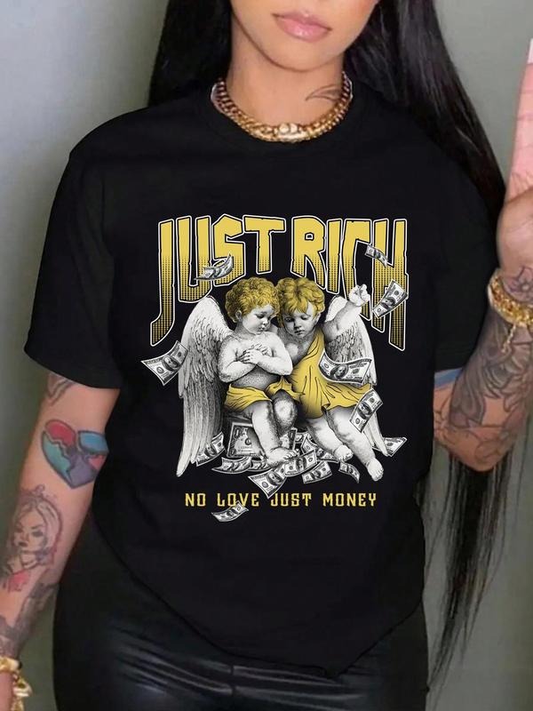 Angel Print Round Neck Vintage Casual Short Sleeve Daily All Seasons T-Shirts, Hoodie, Sweatshirt