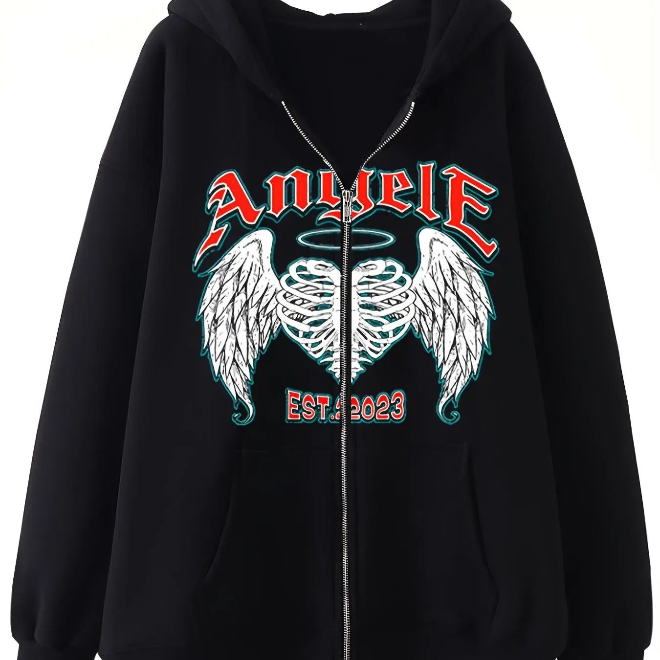 Women's Angel Wings Print Zip Up Hoodie, Casual Long Sleeve Drop Shoulder Hooded Sweatshirt for Fall & Winter, Women's...