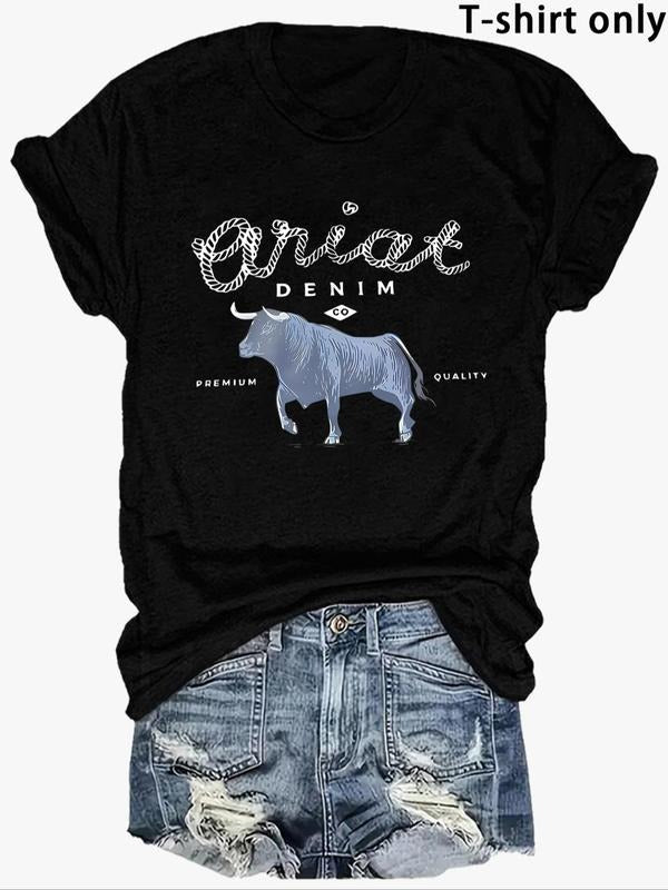 Women's Animal & Letter Print Round Neck Tee, Casual Short Sleeve Crew Neck T-Shirt for Summer, Fashion Women's Top for...