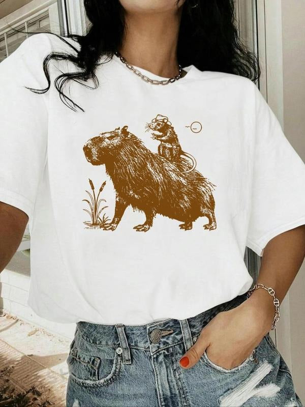 Women's Animal Print Drop Shoulder Tee, Casual Half Sleeve Round Neck T-shirt for Summer, Women's Top for Daily Wear...