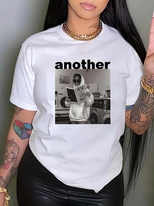 Women's Another Round Neck Graphic Tee, Fashion Casual Short Sleeve T-shirt for Daily Wear, Ladies Summer Clothes, Top...