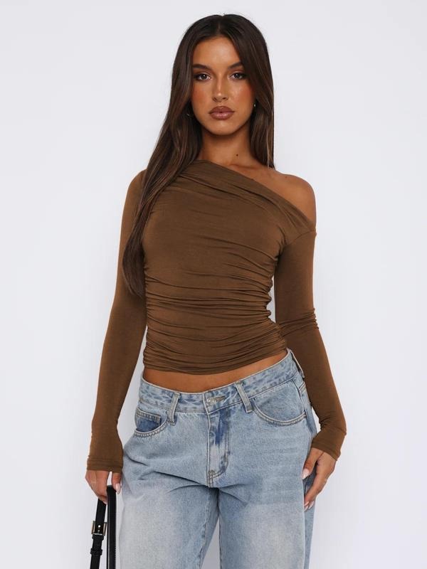 Women's Asymmetrical Neck Long Sleeve Tee, Casual Solid T-shirt for Daily Wear, Ladies Clothes for All Seasons Hoodie,...
