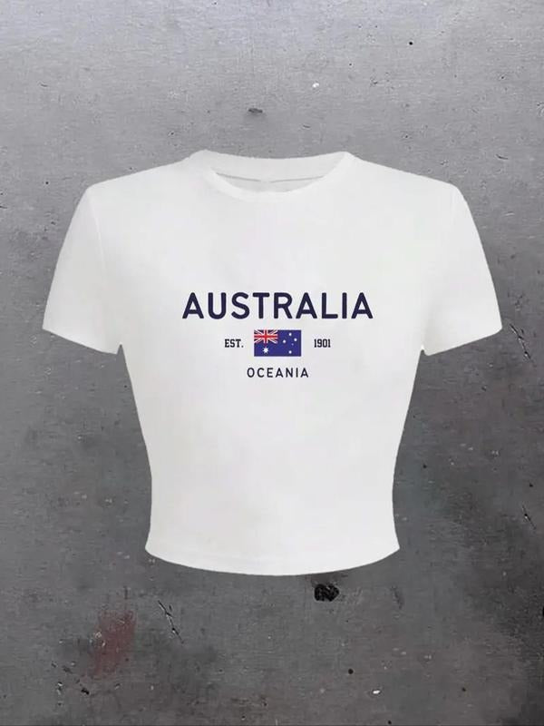 Women's Australia Flag & Letter Print Round Neck Tee, Casual Short Sleeve Crew Neck T-Shirt for Summer, Fashion Women's...