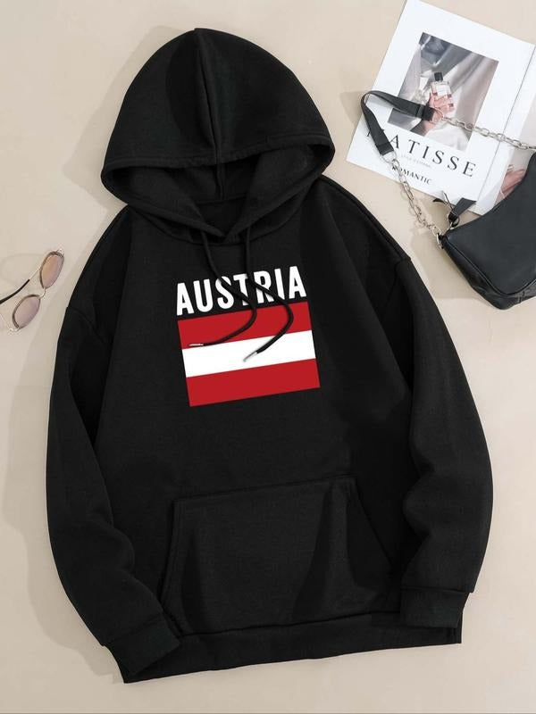 Women's Austria Flag & Letter Print Drop Shoulder Hoodie, Fashion Casual Pocket Hooded Sweatshirt for Daily Holiday...