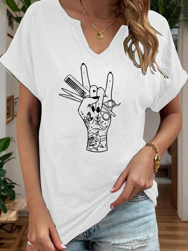 Women's Barber Hand Shape Print V Neck Tee, Casual Short Sleeve T-Shirt for Summer, Fashion Women's Top for Daily Wear...
