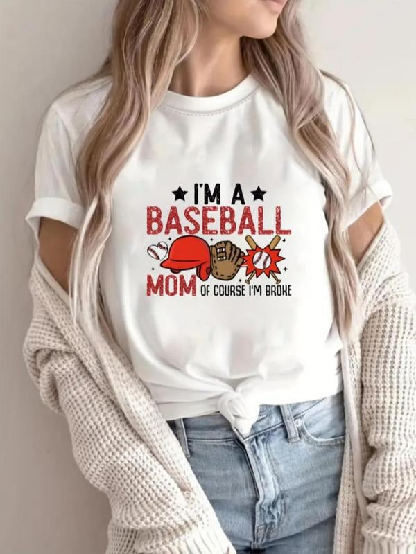 Women's Baseball Mom Round Neck Tee, Casual Letter Print Short Sleeve Crew Neck T-shirt for Daily Wear, Ladies Clothes...