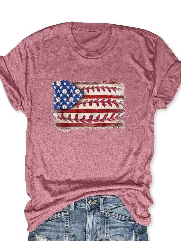 Women's Baseball Print Round Neck Graphic Tee, Vintage American Flag Print Short Sleeve T-shirt for Daily Wear, Ladies...