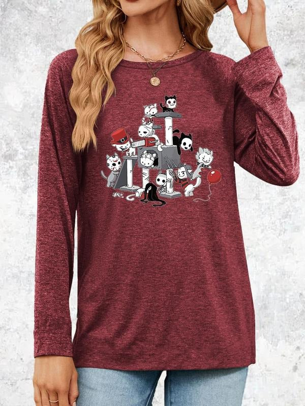 Women's Basic Cartoon Cat Print Round Neck Tee, Casual Graphic Comfort Long Sleeve Crew Neck T-Shirt For Spring & Fall,...