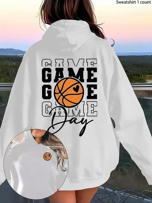 Women's Basketball Letter Print Pocket Hoodie, Casual Long Sleeve Hooded Sweatshirt for Fall & Winter, Fashion Ladies'...