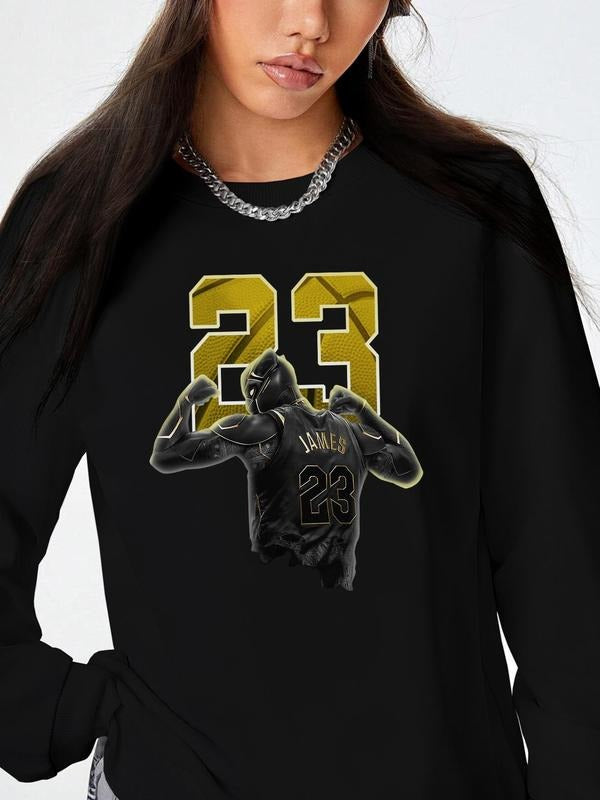 Basketball Player Print Drop Shoulder Casual Long Sleeve Round Neck Fall & Winter Clothes Daily T-Shirts, Hoodie, Sweatshirt