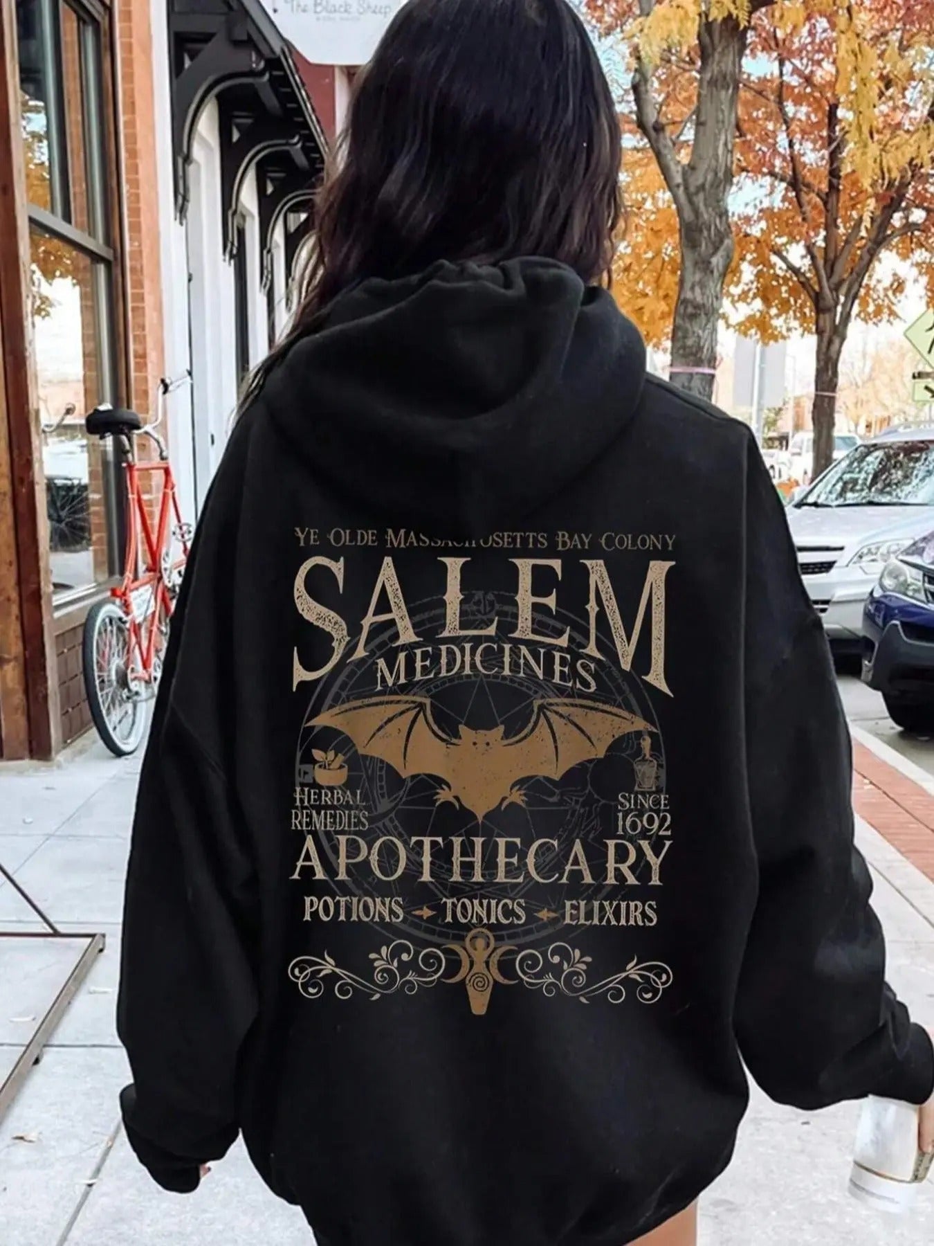 Women's Bat & Letter Print Drawstring Pocket Hoodie, Casual Drop Shoulder Long Sleeve Hooded Sweatshirt, Lady Fall &...
