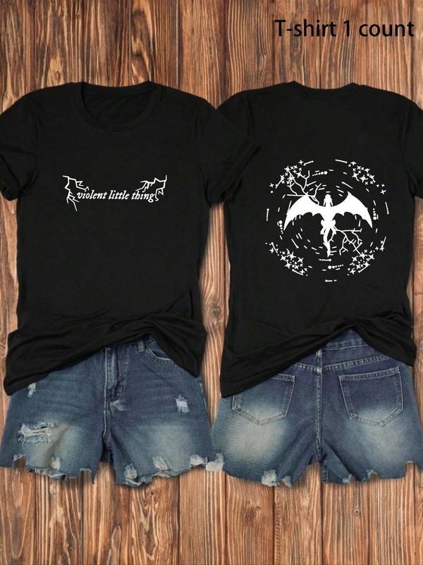Women's Bat & Letter Print Round Neck Tee, Casual Short Sleeve Crew Neck T-shirt for Summer, Women's Top for Daily Wear,...