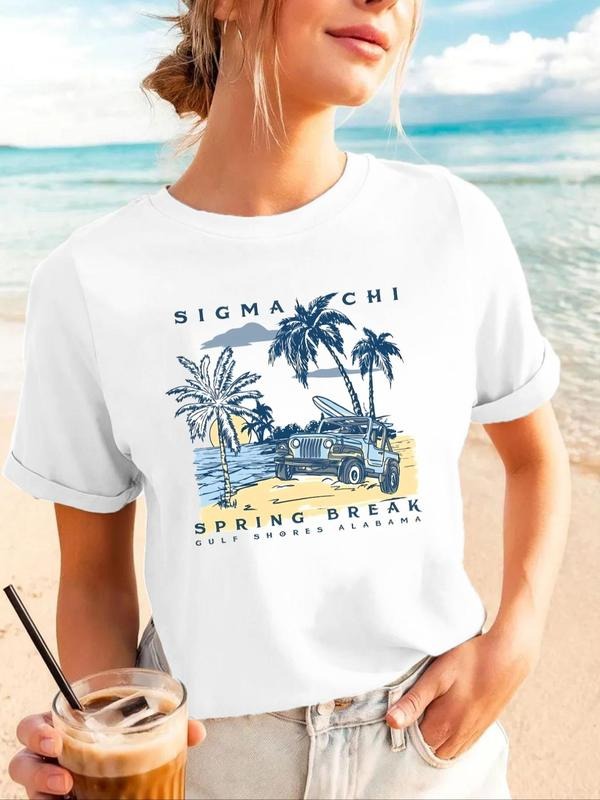 Women's Beach & Letter Print Round Neck Graphic Tee, Vintage Trendy Casual Short Sleeve T-shirt for Daily Wear, Ladies...
