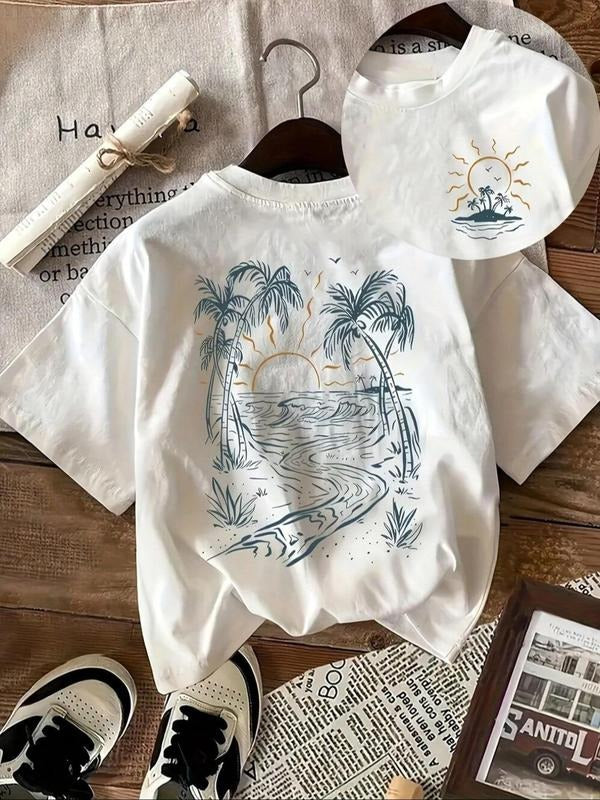 Women's Beach & Sun Print Round Neck Tee, Casual Short Sleeve Crew Neck T-Shirt for Summer, Fashion Women's Top for Daily...