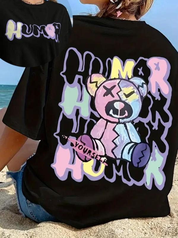Women's Bear & Letter Print Drop Shoulder Tee, Creative Graphic Half Sleeve Round Neck T-shirt for Summer, Women's Top...