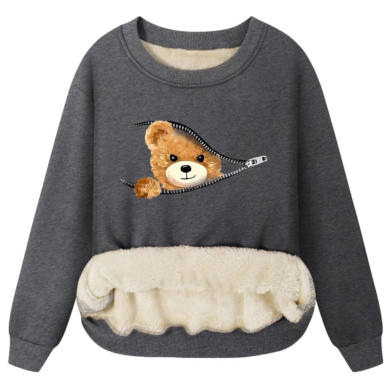 Women's Bear Print Pullover Sweatshirt, Casual Long Sleeve Crew Neck Plush Top for Fall & Winter, Fashion Ladies' Top for...