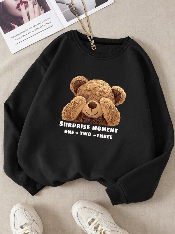 Women's Bear Print and Letter Print Regular-Fit Crew neck Long-Sleeved Sweatshirt, Casual Top for Fall and Winter,...