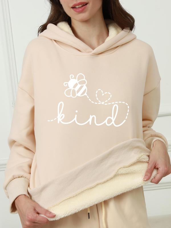 Women's Bee & Letter Print Drop Shoulder Hoodie, Fashion Casual Hooded Sweatshirt for Daily Holiday Outdoor Wear, Women...