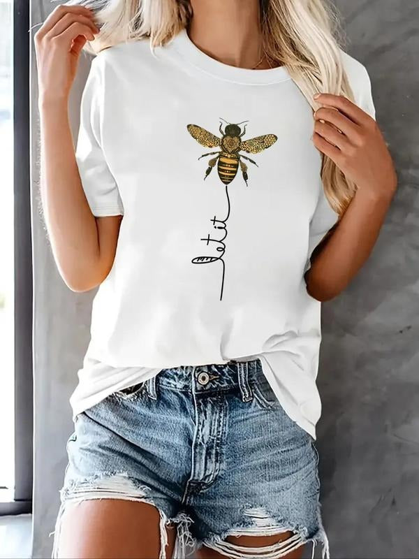 Women's Bee & Letter Print Round Neck Tee, Casual Short Sleeve Crew Neck T-Shirt for Summer, Fashion Women's Top for...