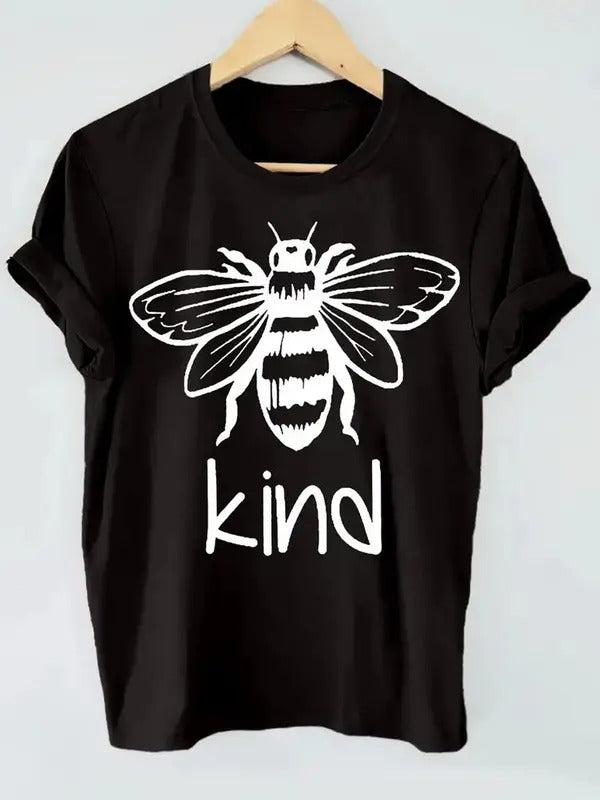 Women's Bee & Letter Print Round Neck Tee, Casual Short Sleeve Crew Neck T-shirt for Fall & Winter, Women's Top for Daily...