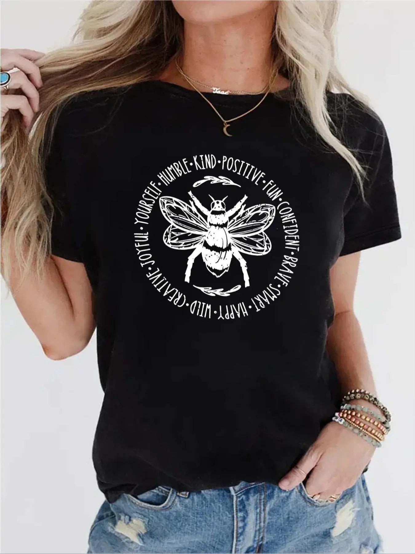 Women's Bee & Letter Print Round Neck Tee, Casual Short Sleeve Graphic T-shirt, Ladies Clothes for All Seasons Daily Wear...