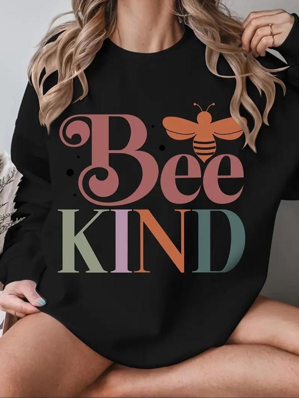 Women's Bee Kind Letter Print Round Neck Pullover, 1 Count Fashion Casual Crew Neck Sweatshirt for Daily Holiday Outdoor...