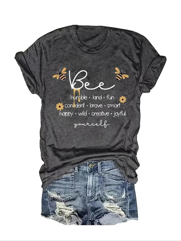 Women's Bee Print Round Neck Graphic Tee, Vintage Trendy Casual Letter Print Short Sleeve T-shirt For Daily Wear, Ladies...