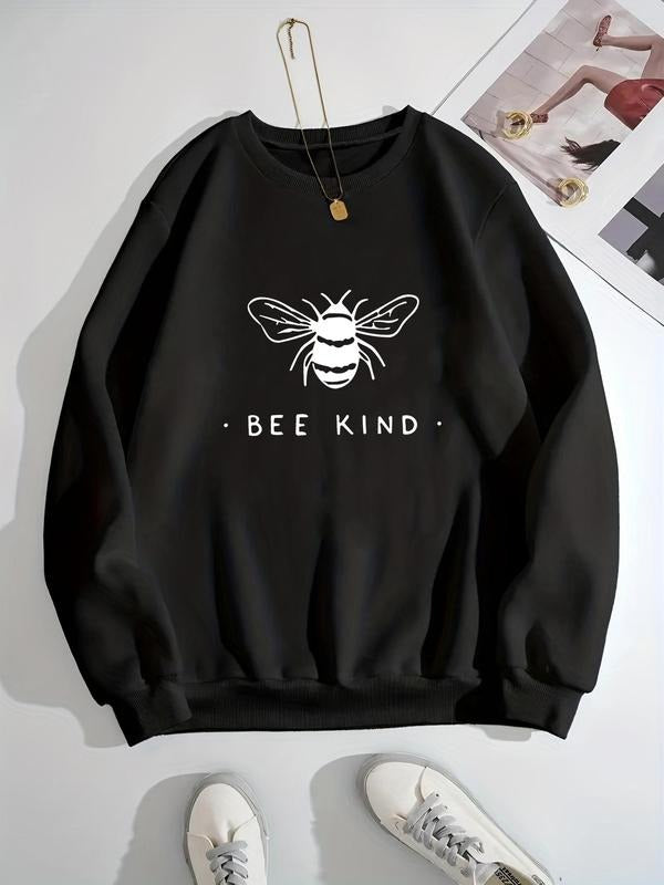 Women's Bee Print Round Neck Sweatshirt Without Necklace, Fashion Casual Crew Neck Long Sleeve Pullover For Daily Wear,...