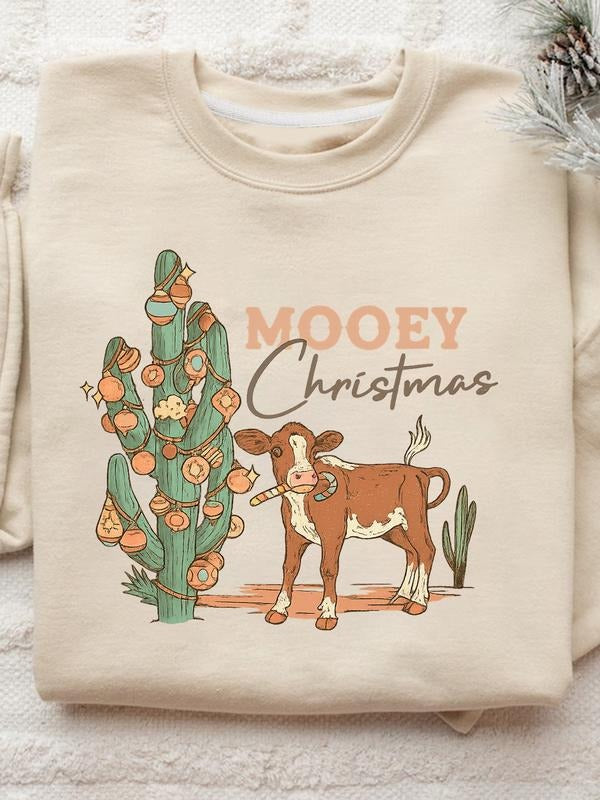 Women's Beige 'Mooey Christmas' Cow & Cactus Graphic Crew Neck Sweatshirt - Western Festive Holiday Pullover, Ideal for...