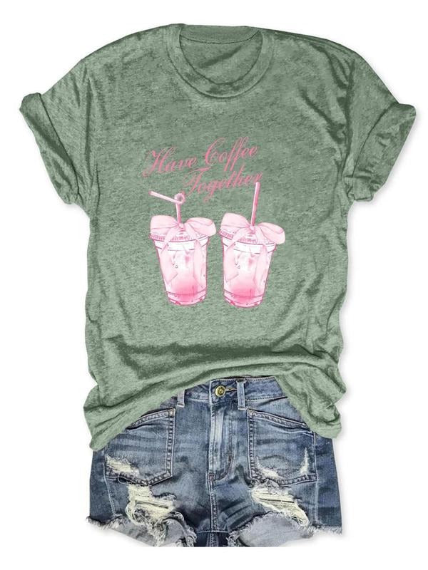 Women's Beverage Print Round Neck Tee, Fashion Casual Letter Print Short Sleeve T-shirt for Daily Wear, Casual Crew Neck...