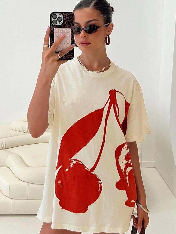 Women's Big Cherry Oversized Round Neck T-shirt, Basic Casual Top for All Seasons, Graphic Tee for Daily Wear Hoodie,...