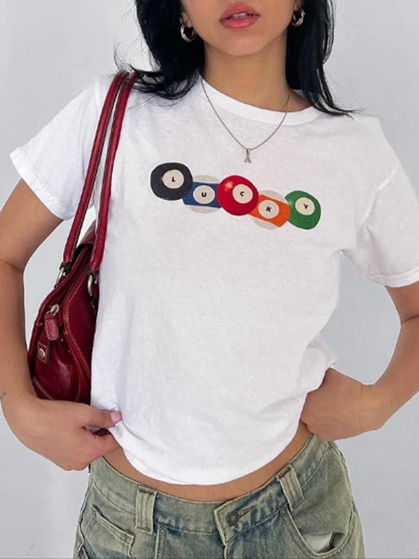 Women's Billiards & Letter Print Round Neck Tee, Stylish Short Sleeve Crew Neck T-Shirt, Women's Top for Daily Wear...