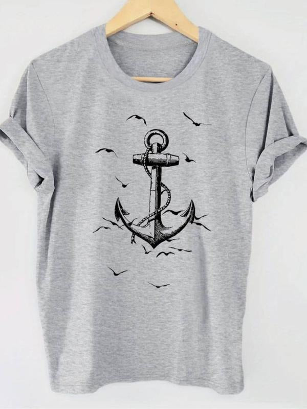 Women's Bird & Anchor Print Round Neck Tee, Casual Short Sleeve Crew Neck T-Shirt for Summer, Fashion Women's Top for...