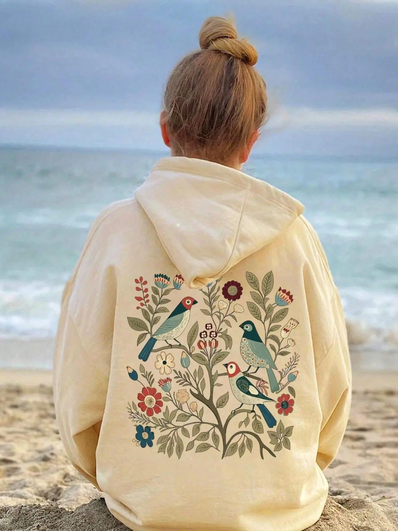 Women's Bird & Floral Print Drop Shoulder Hoodie, Fashion Casual Drawstring Pocket Hooded Sweatshirt for Daily Holiday...