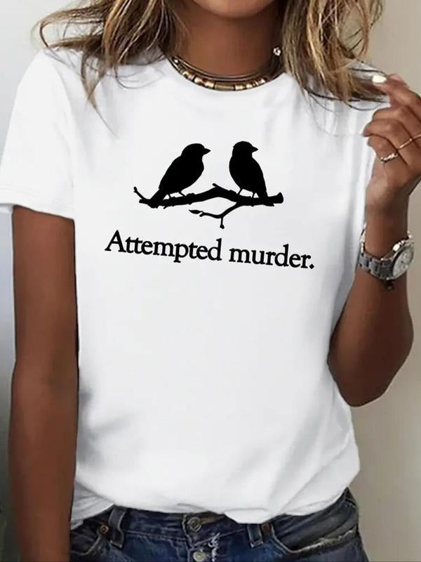 Women's Bird Print Round Neck Tee, Casual Letter Print Short Sleeve T-Shirt for Summer, Fashion Women's Top for Daily...