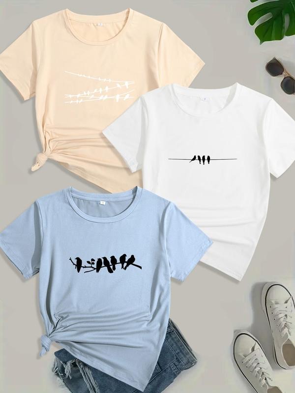 Women's Bird Print Round Neck Tee, Casual Short Sleeve Crew Neck T-shirt for Summer, Fashion Women's Top for Daily Wear...