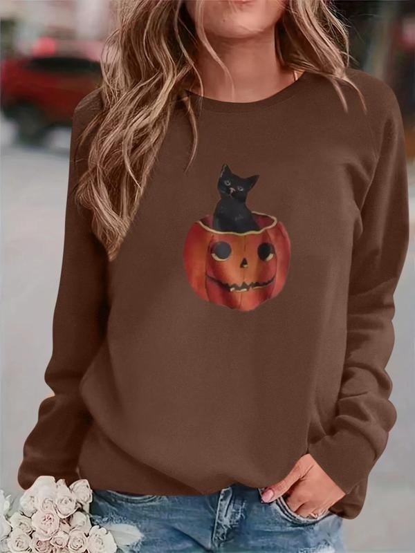 Women's Black Cat & Pumpkin Print Drop Shoulder Sweatshirt, Casual Long Sleeve Round Neck Pullover for Daily Wear, Ladies...